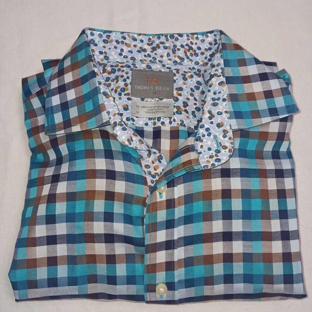 Thomas Dean Blue Plaid Pima Cotton Flip Cuff Button Up Shirt Mens Medium